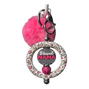 Blessed Nana Keychain with Leopard Print & Pink Pom Pom